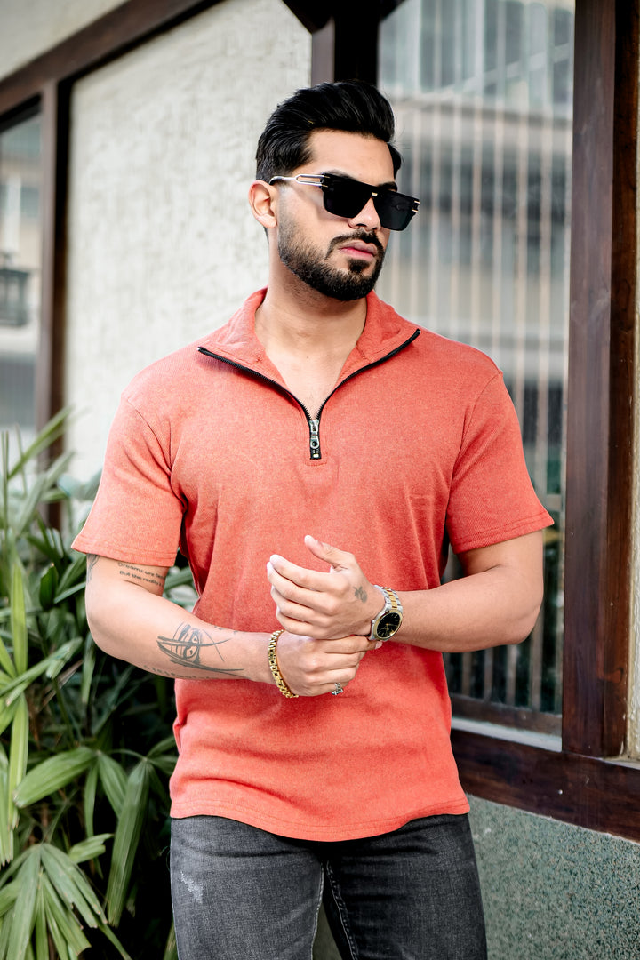 Orange Ribbed Zipper T-Shirt