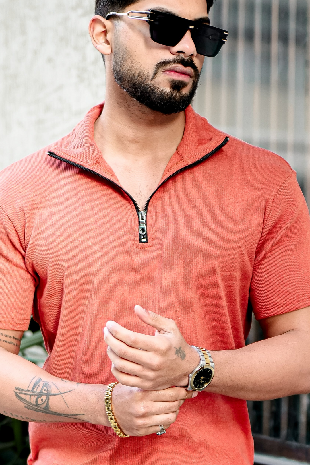 Orange Ribbed Zipper T-Shirt