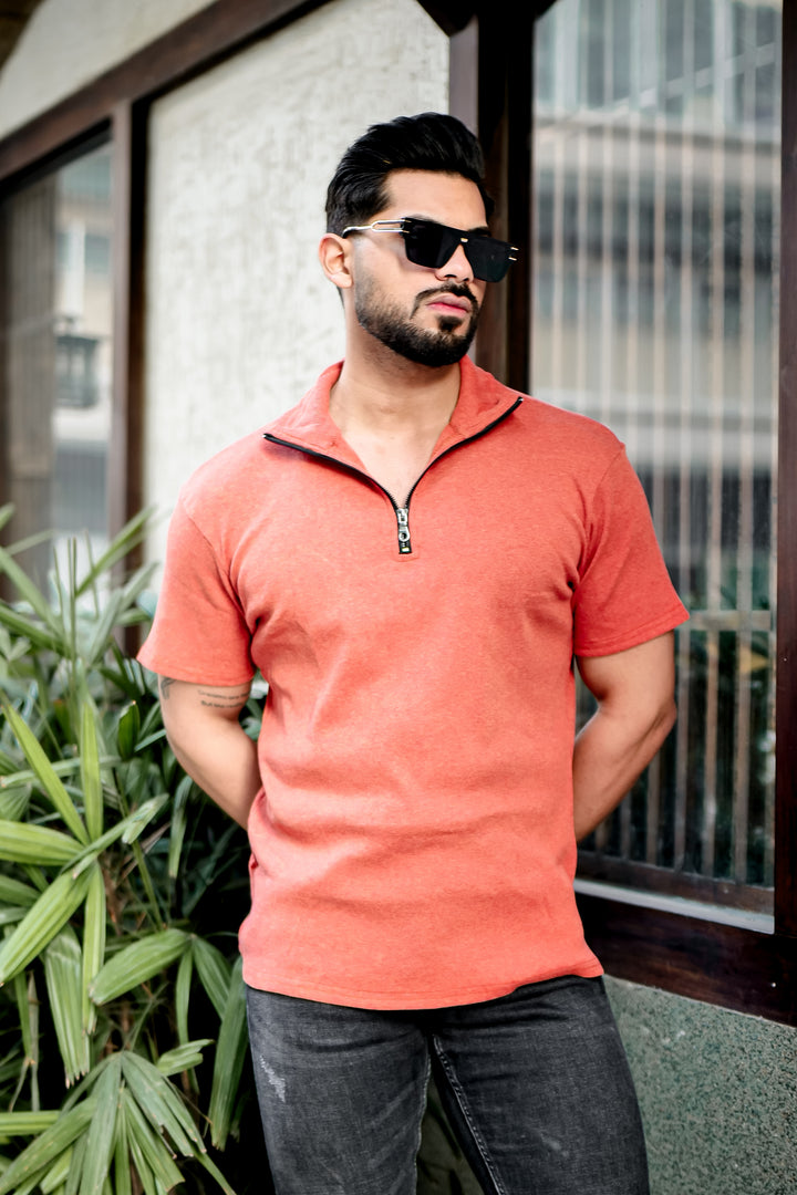 Orange Ribbed Zipper T-Shirt