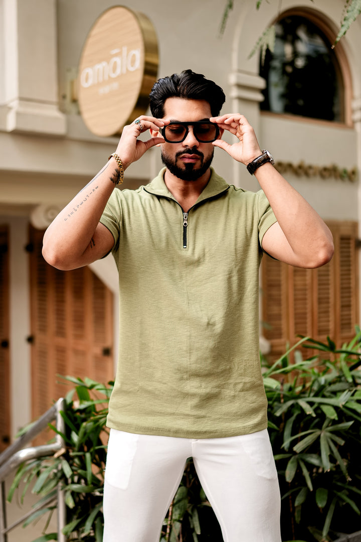 Green Waffle Zipper T-Shirt