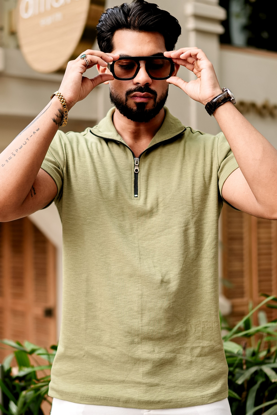 Green Waffle Zipper T-Shirt