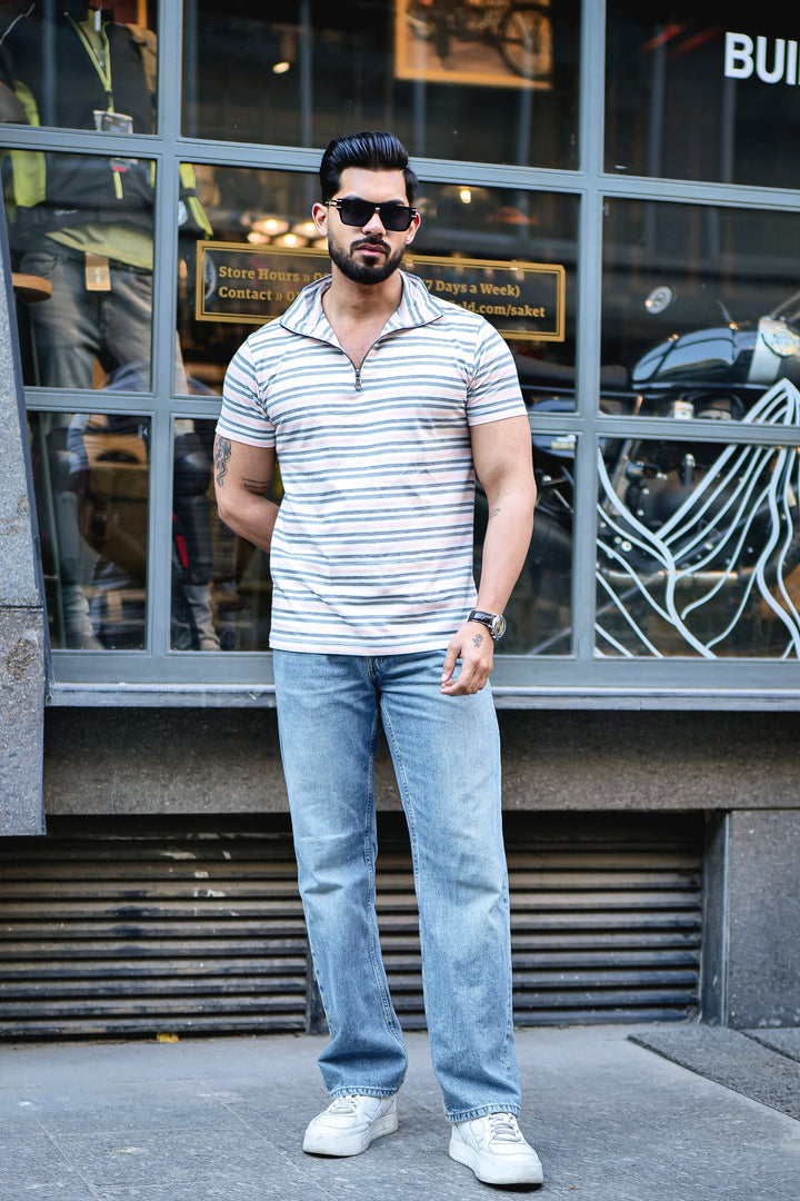 White Striped Zipper Self Design T-Shirt