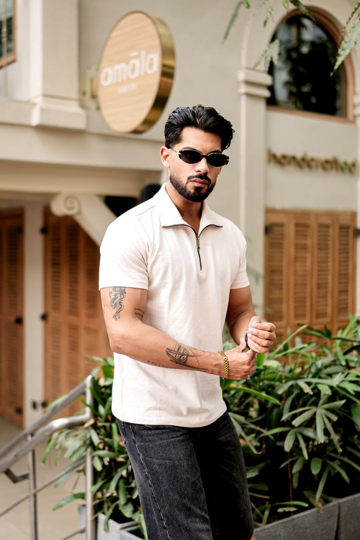 Pink Self Design Zipper T-Shirt