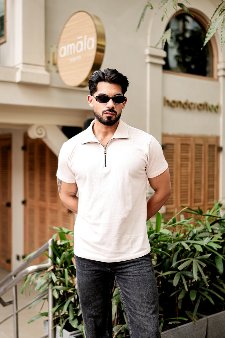 Pink Self Design Zipper T-Shirt
