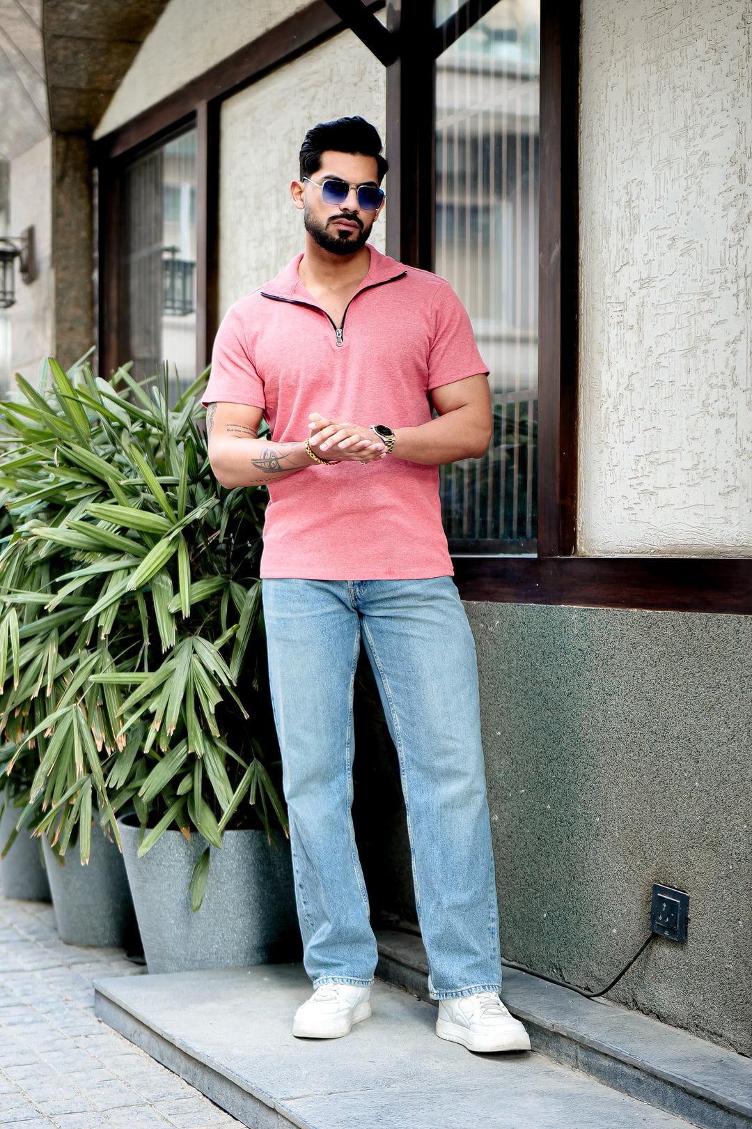 Pink Ribbed Zipper T-Shirt