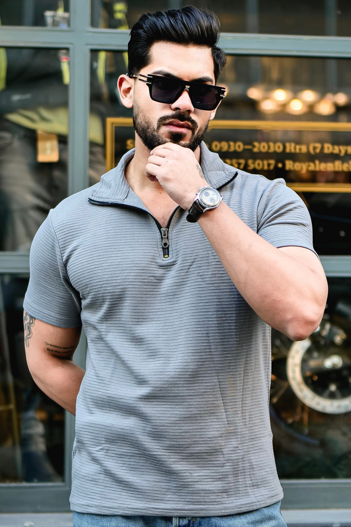 Light Grey Self Design Zipper T-Shirt