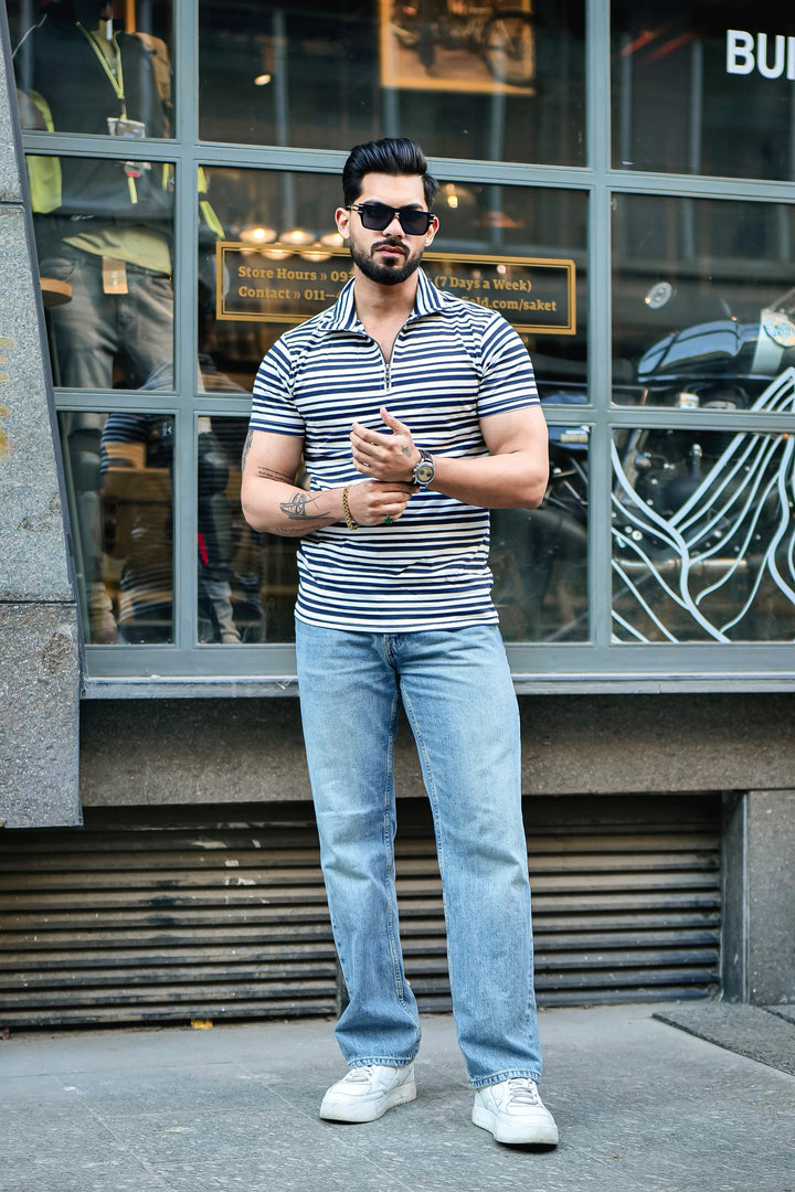 Navy Striped Zipper Self Design Polo T-Shirt