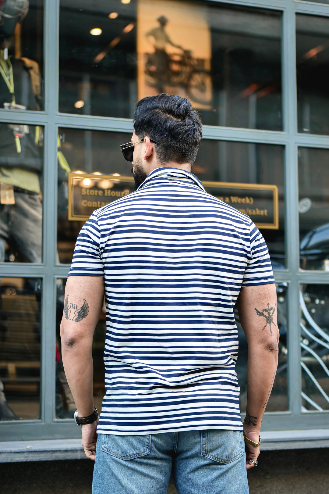 Navy Striped Zipper Self Design Polo T-Shirt