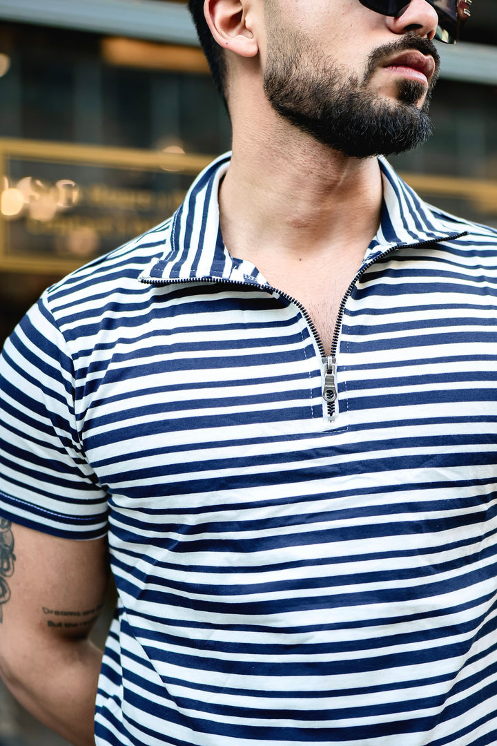 Navy Striped Zipper Self Design Polo T-Shirt