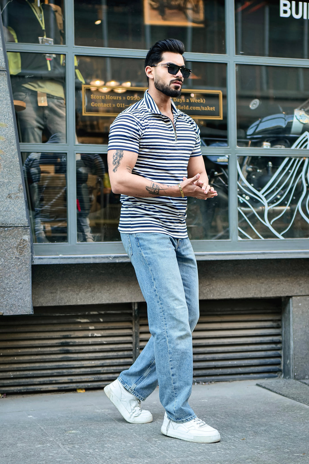 Navy Striped Zipper Self Design Polo T-Shirt