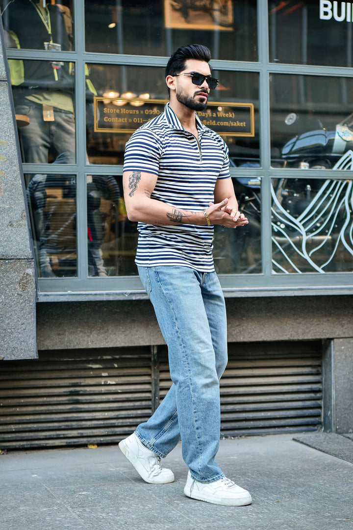 Navy Striped Zipper Self Design Polo T-Shirt