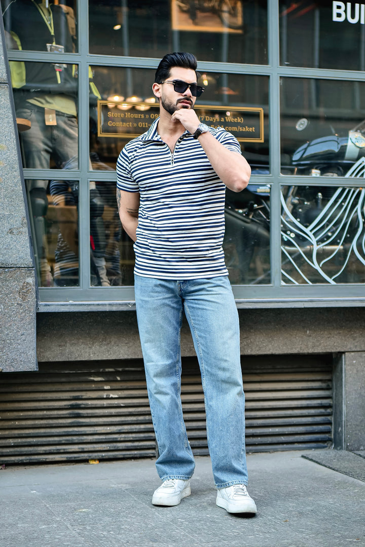 Navy Striped Zipper Self Design Polo T-Shirt