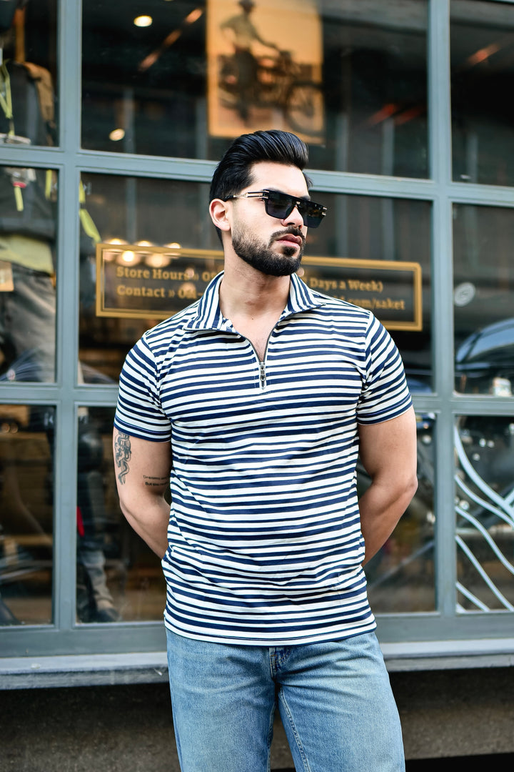 Navy Striped Zipper Self Design Polo T-Shirt