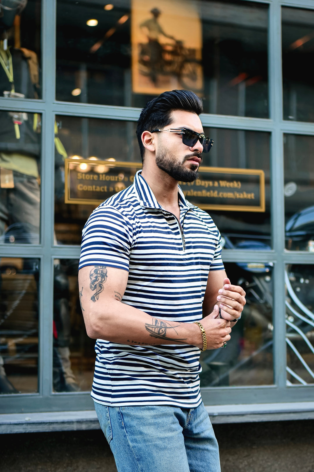 Navy Striped Zipper Self Design Polo T-Shirt