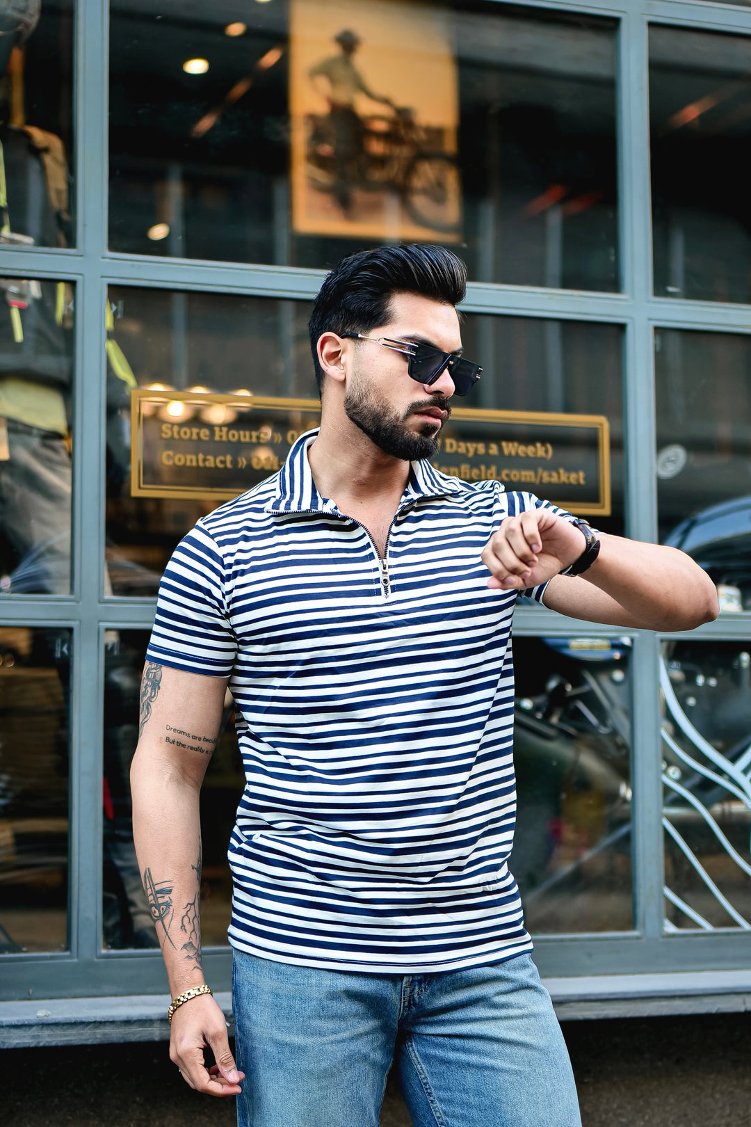 Navy Striped Zipper Self Design Polo T-Shirt