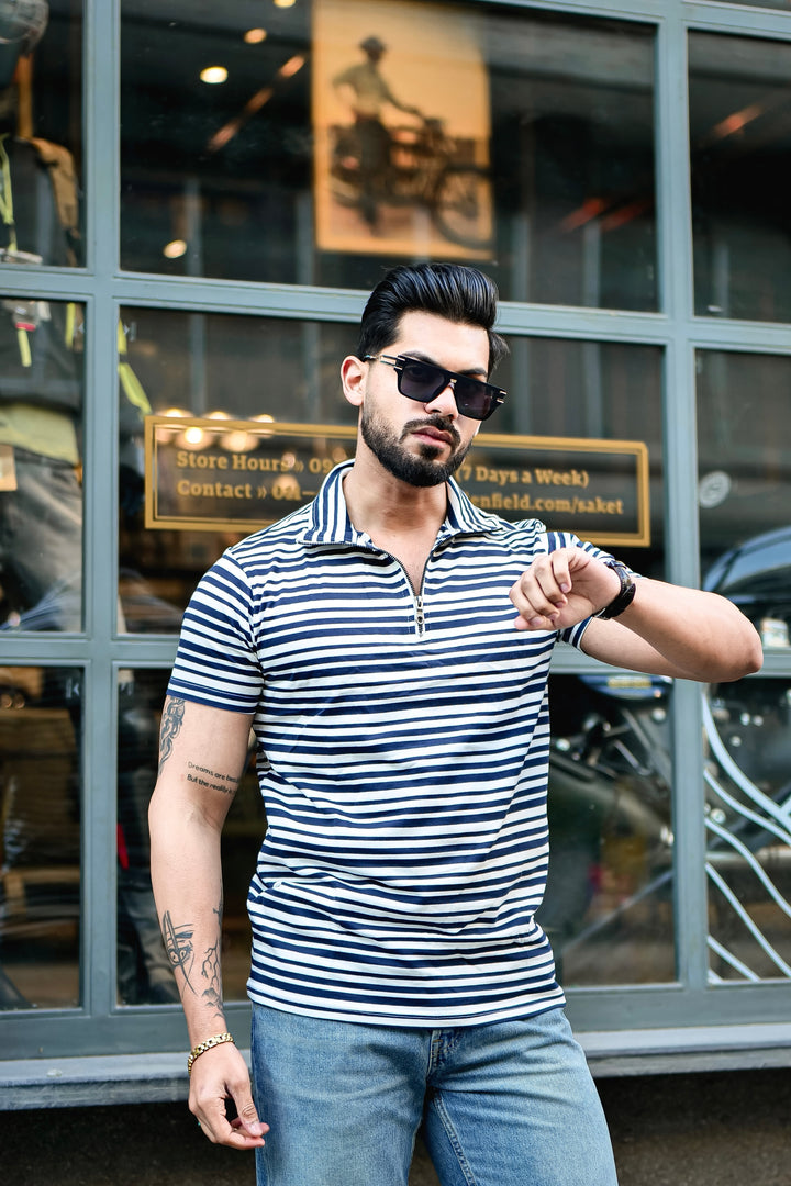 Navy Striped Zipper Self Design Polo T-Shirt