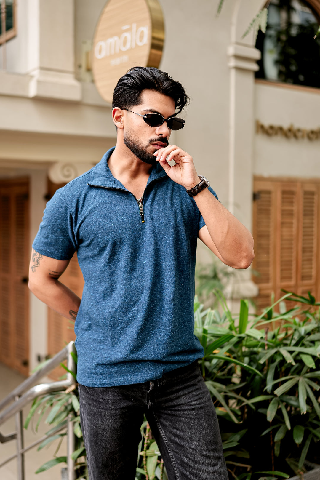 Turquoise Self Design Zipper T-Shirt
