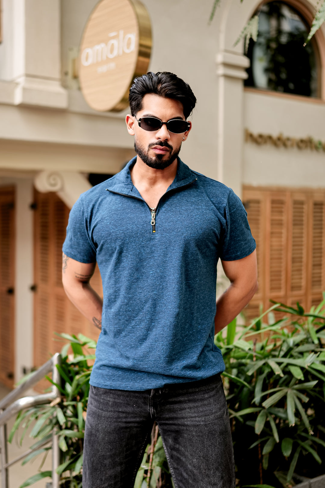 Turquoise Self Design Zipper T-Shirt
