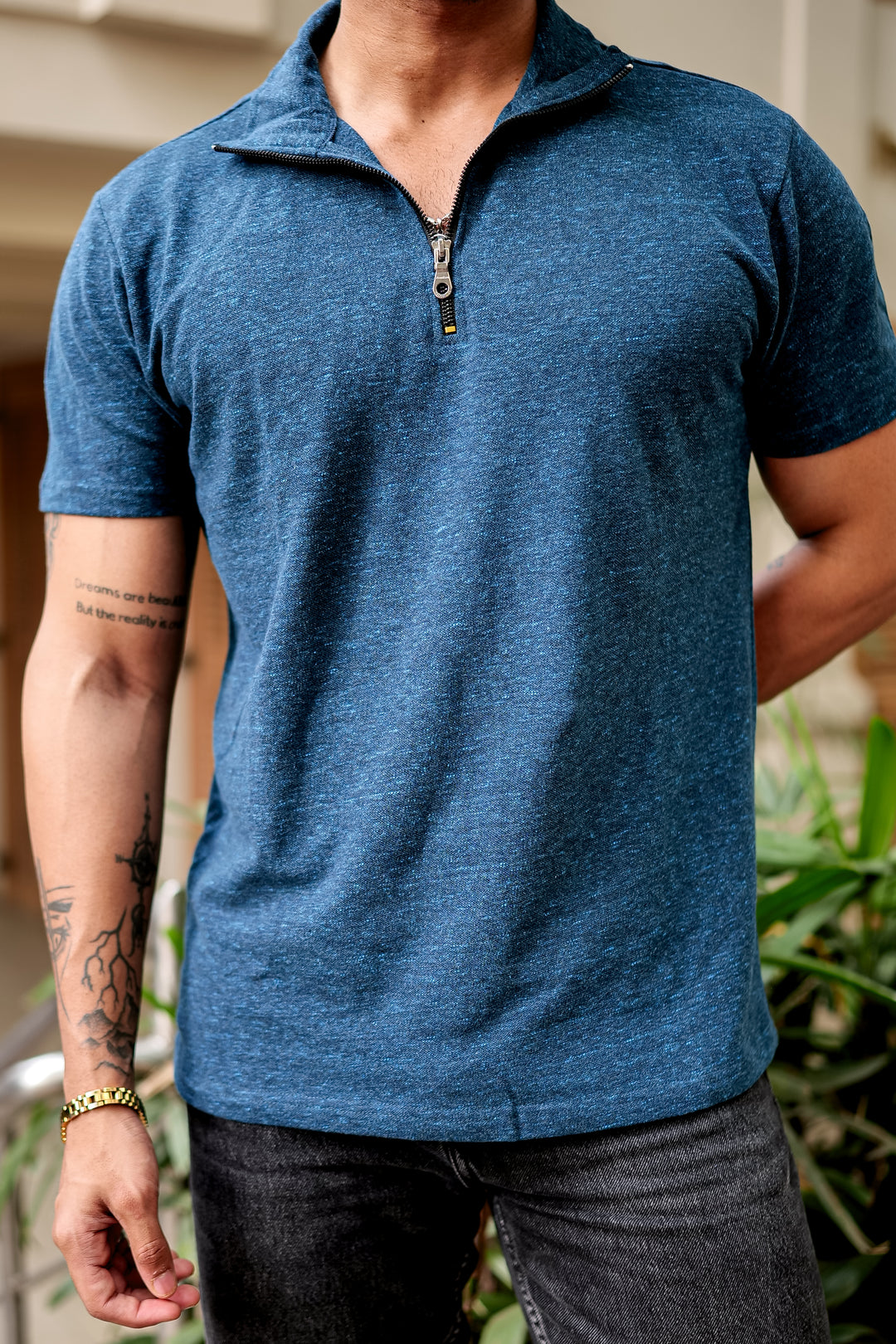 Turquoise Self Design Zipper T-Shirt