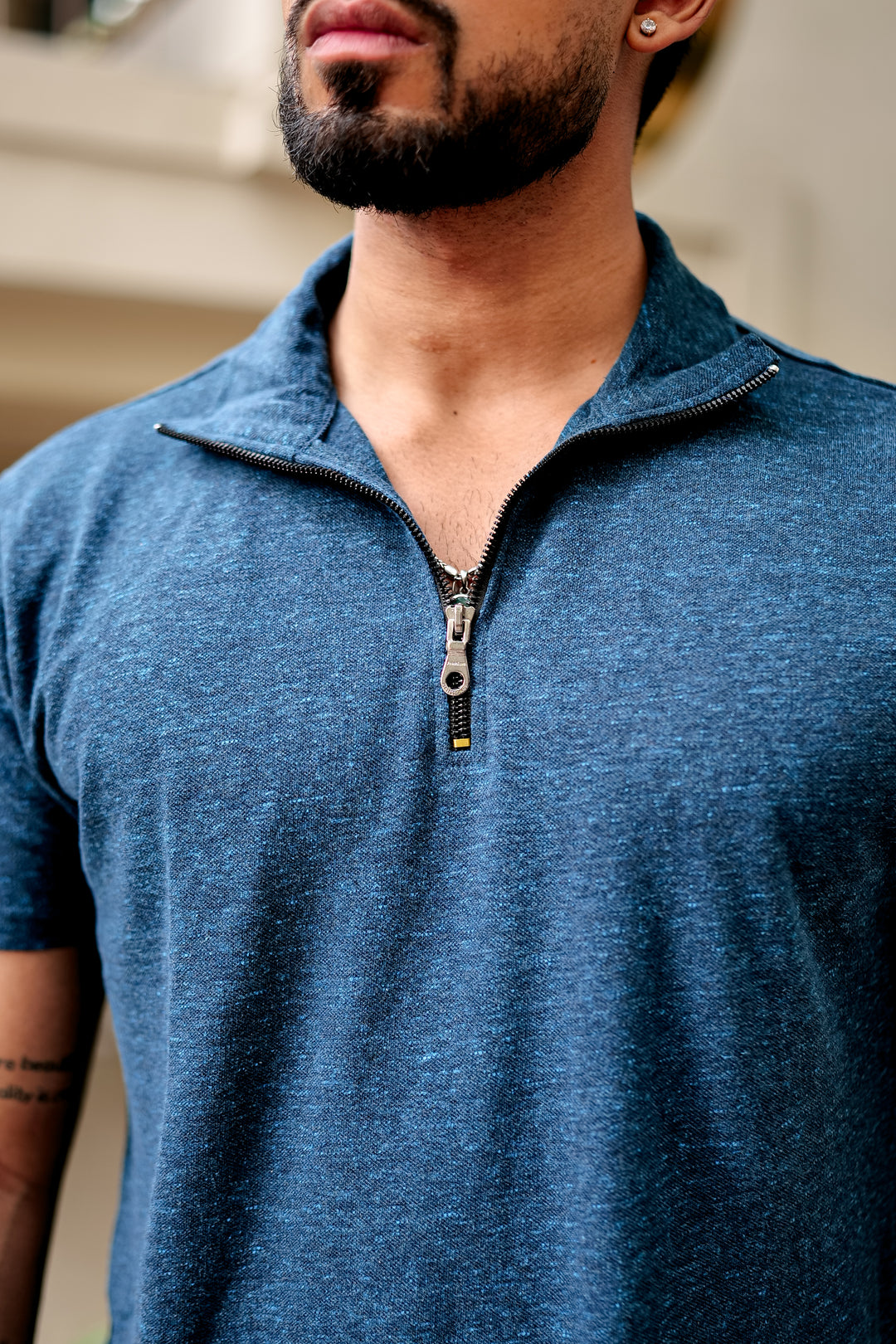 Turquoise Self Design Zipper T-Shirt