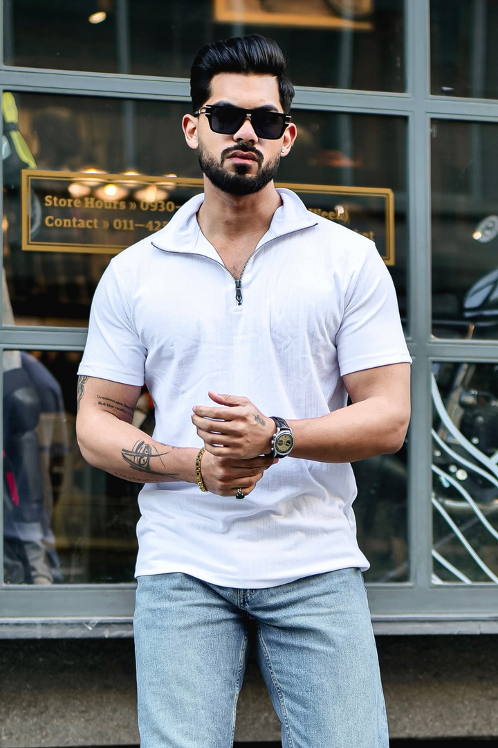 White Self Design Drop Needle Zipper T-Shirt