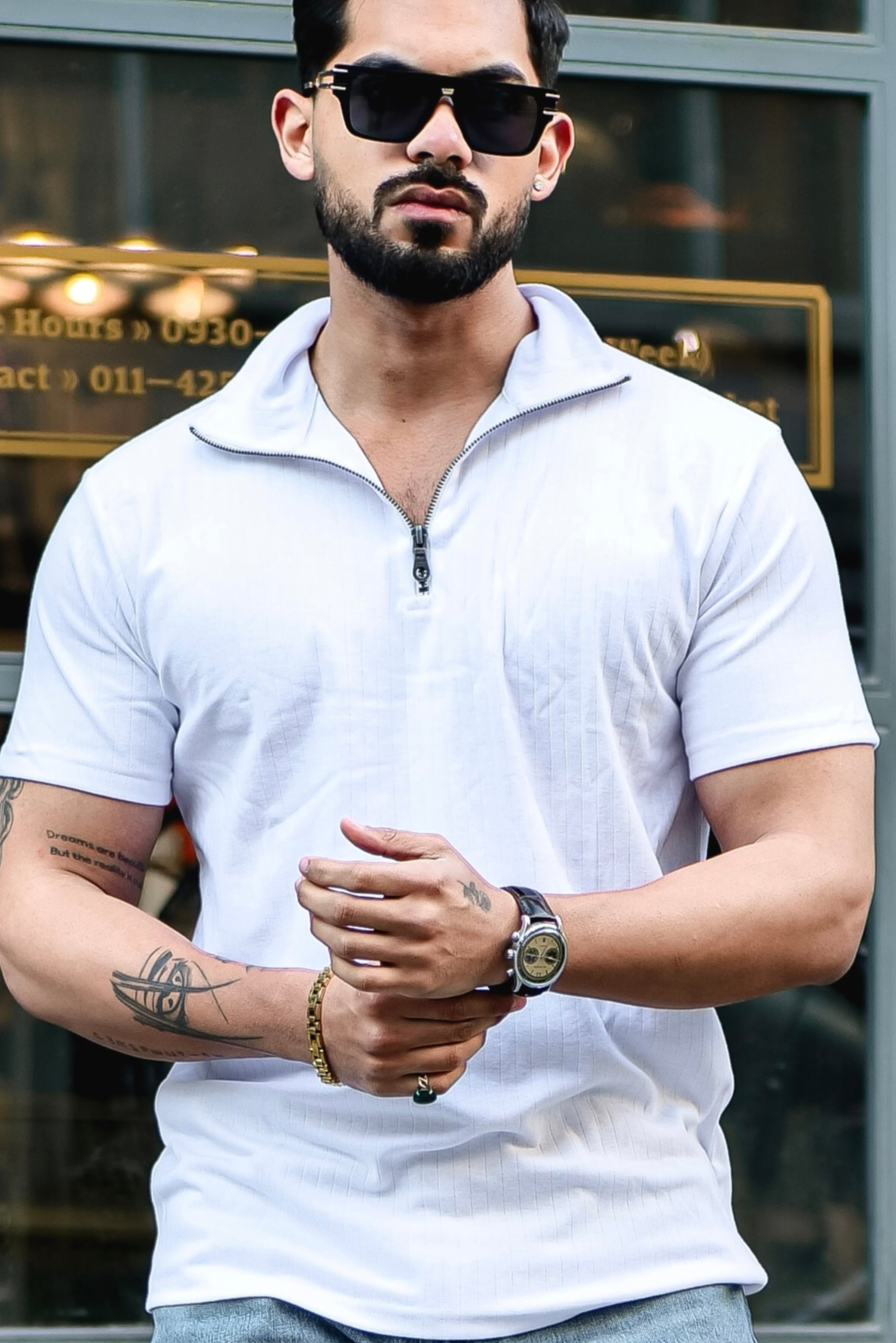 White Self Design Drop Needle Zipper T-Shirt
