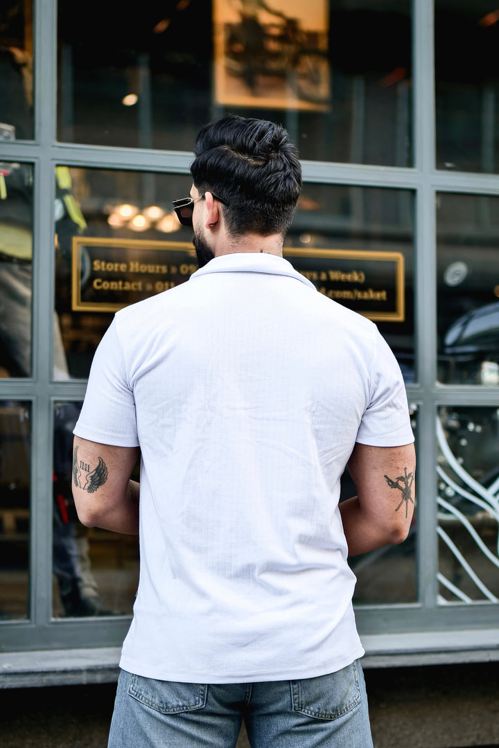 White Self Design Drop Needle Zipper T-Shirt
