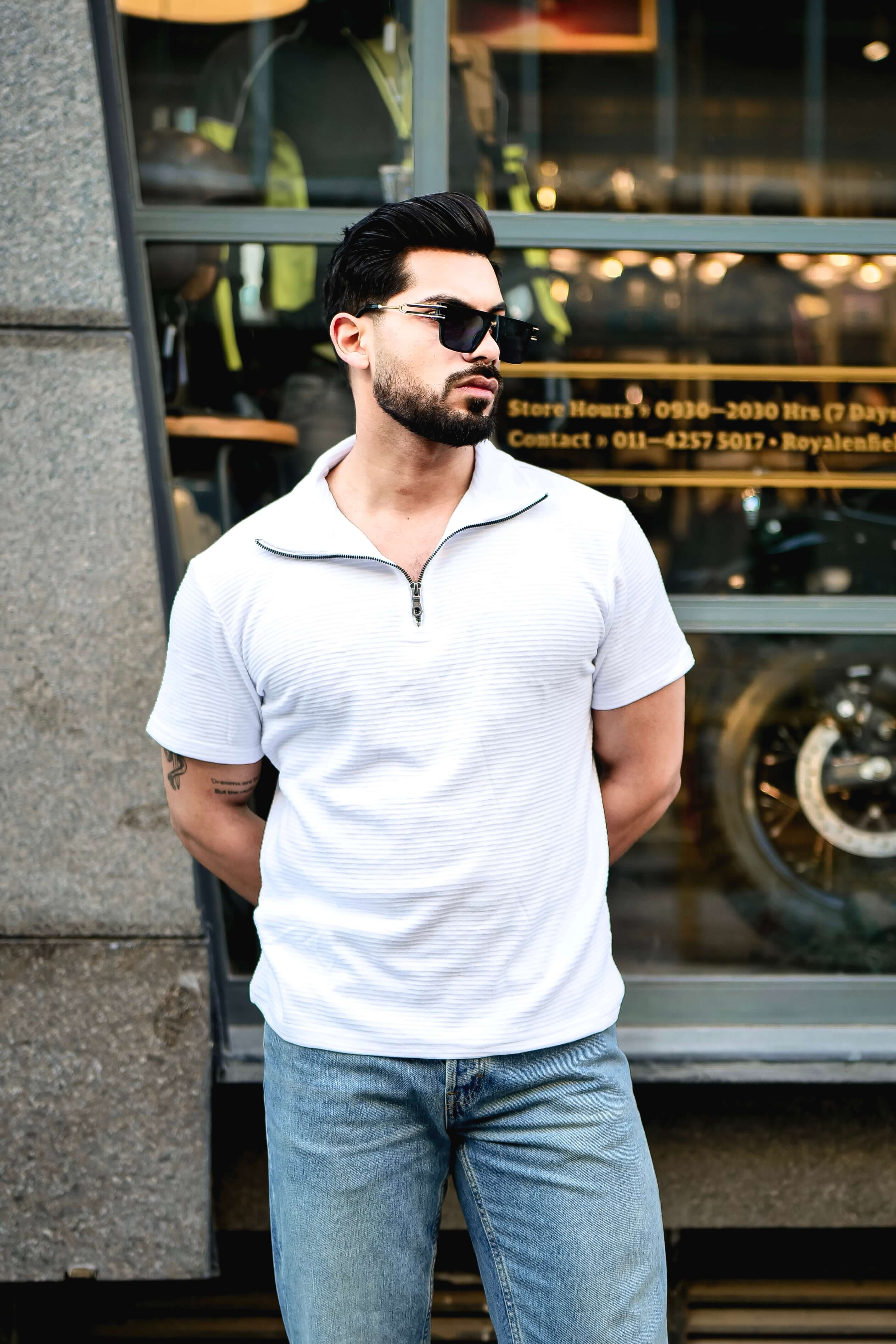 White Self Design Zipper T-Shirt