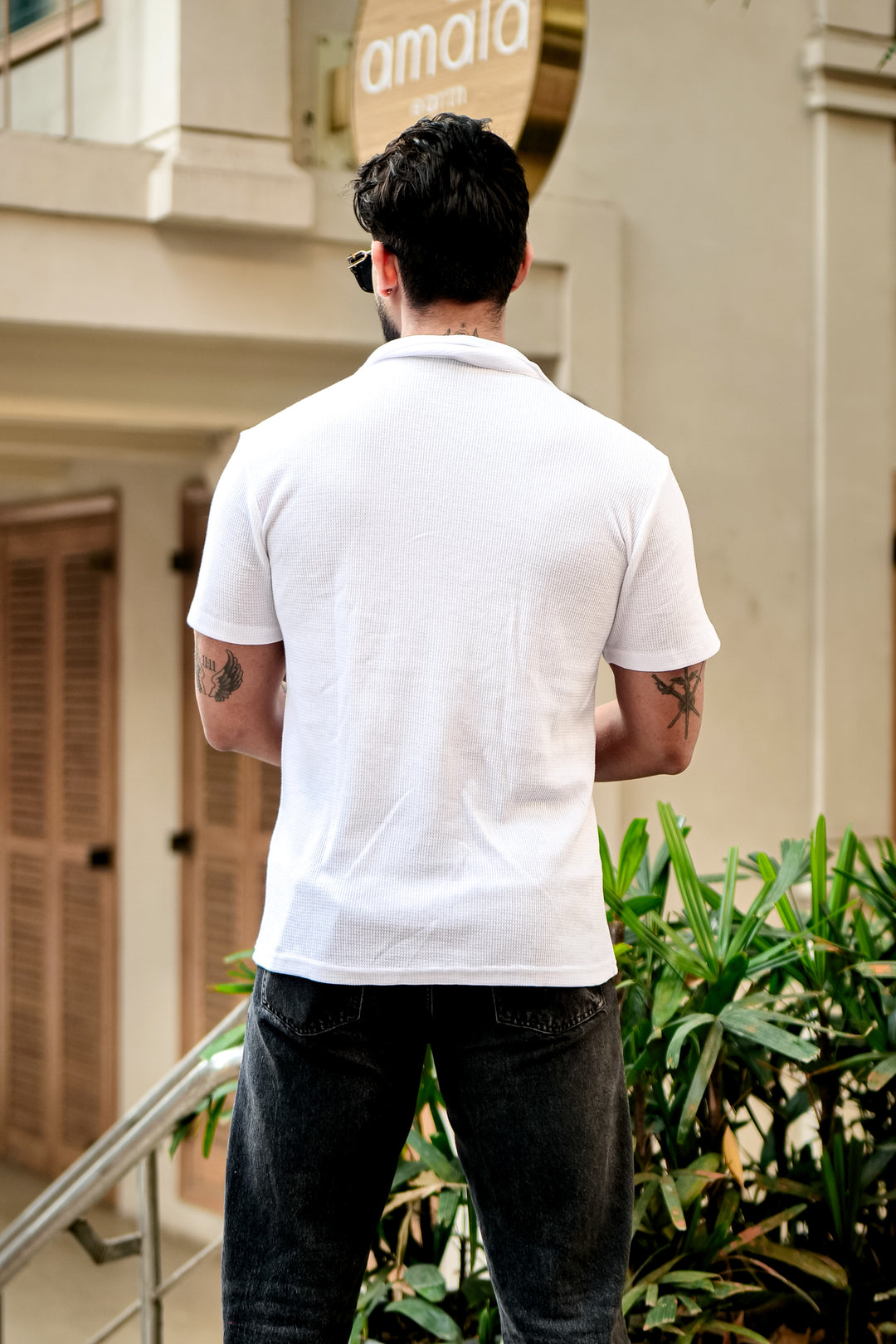 White Waffle Half Sleeve Zipper T-Shirt