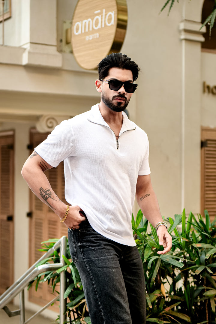 White Waffle Half Sleeve Zipper T-Shirt