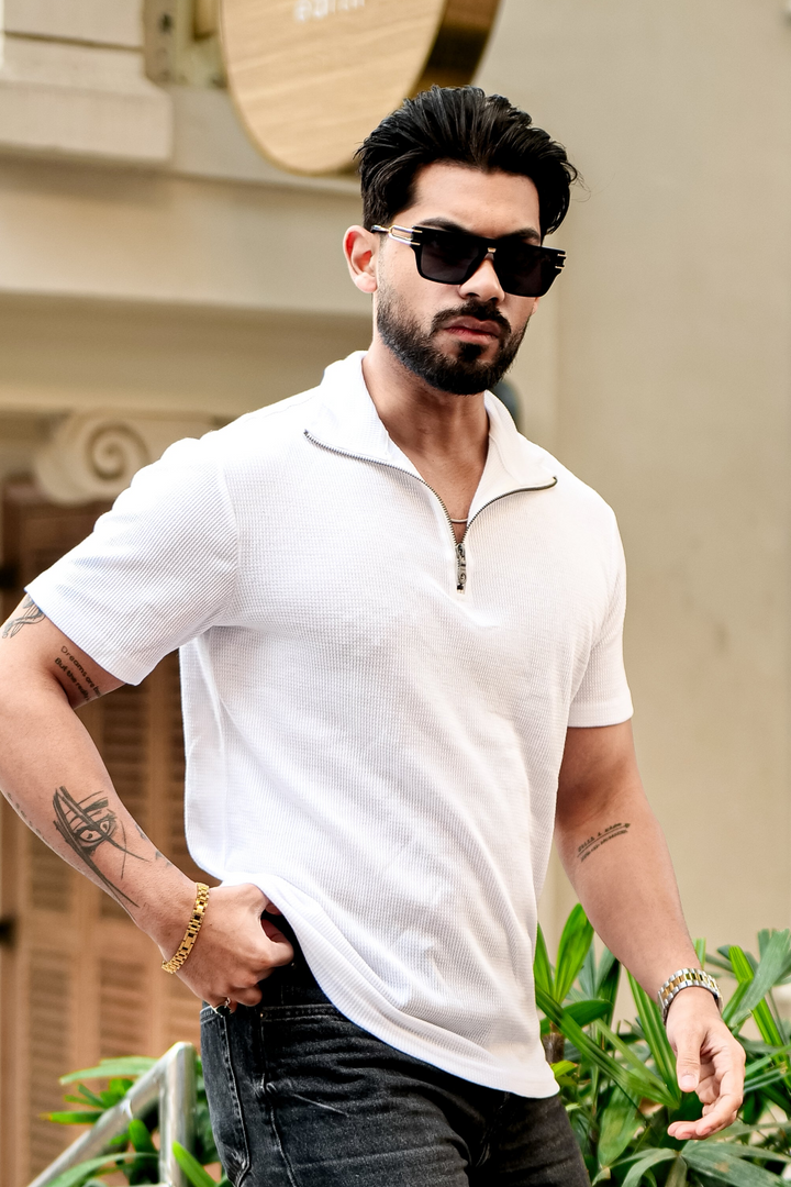 White Waffle Half Sleeve Zipper T-Shirt