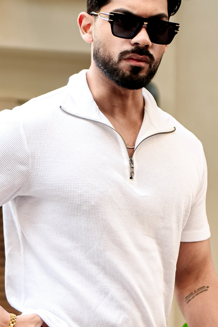 White Waffle Half Sleeve Zipper T-Shirt