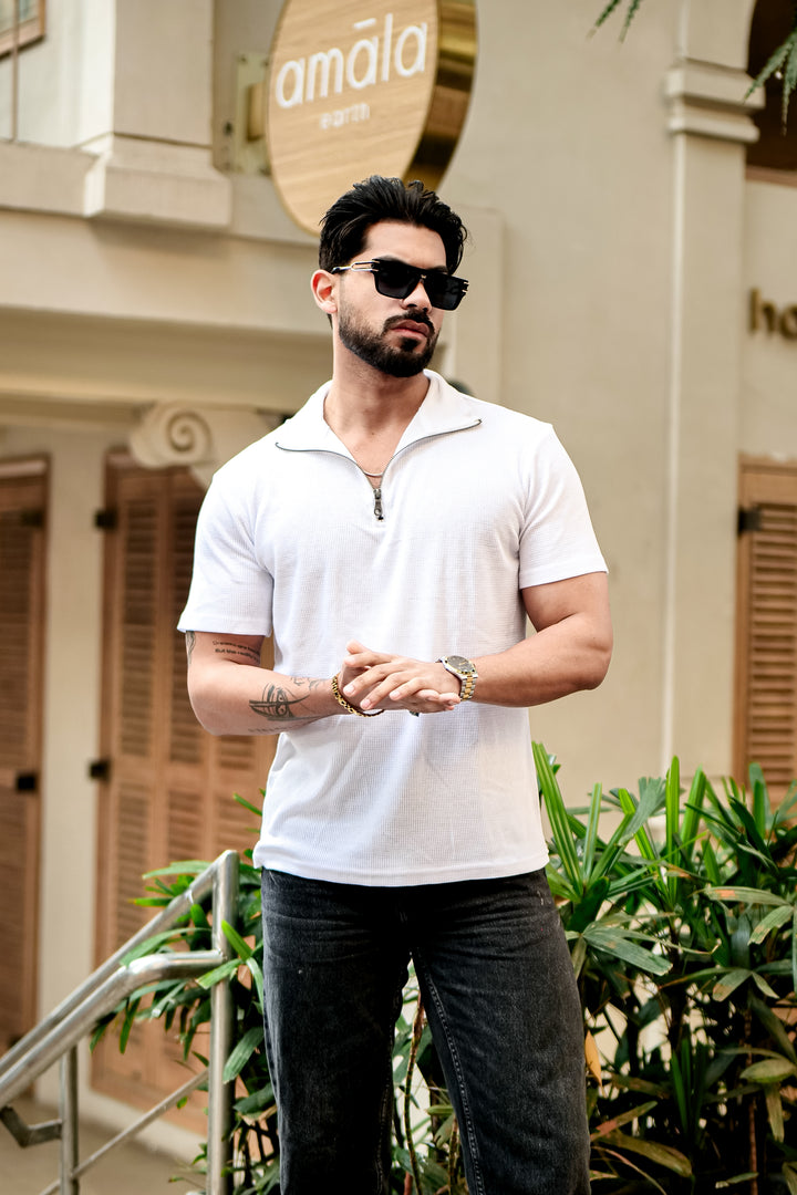 White Waffle Half Sleeve Zipper T-Shirt