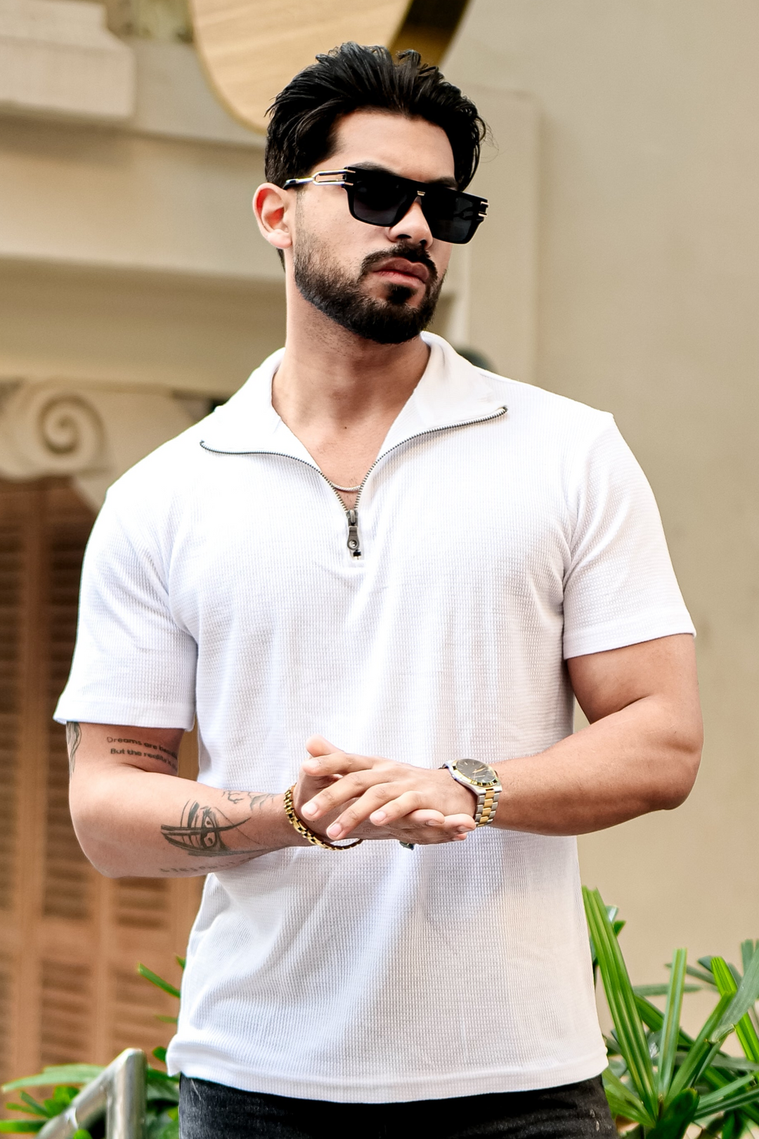 White Waffle Half Sleeve Zipper T-Shirt