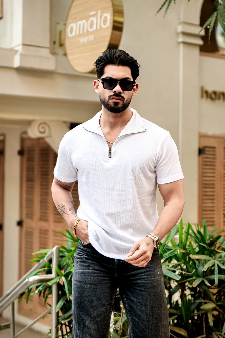 White Waffle Half Sleeve Zipper T-Shirt