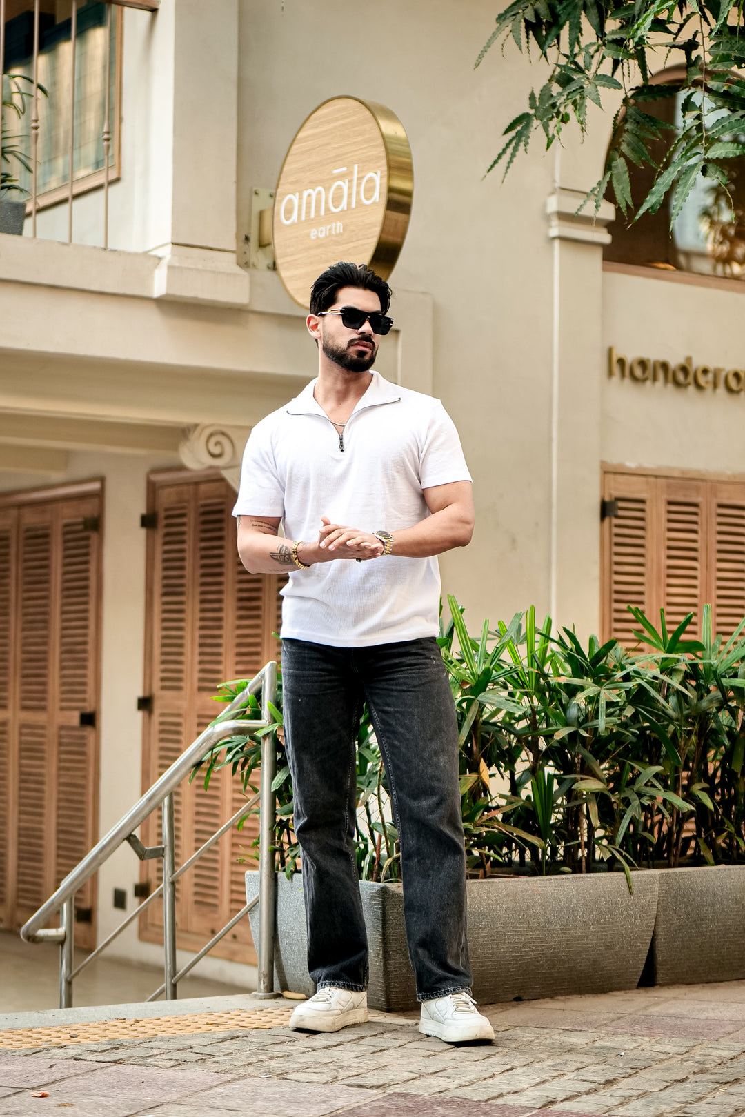 White Waffle Half Sleeve Zipper T-Shirt