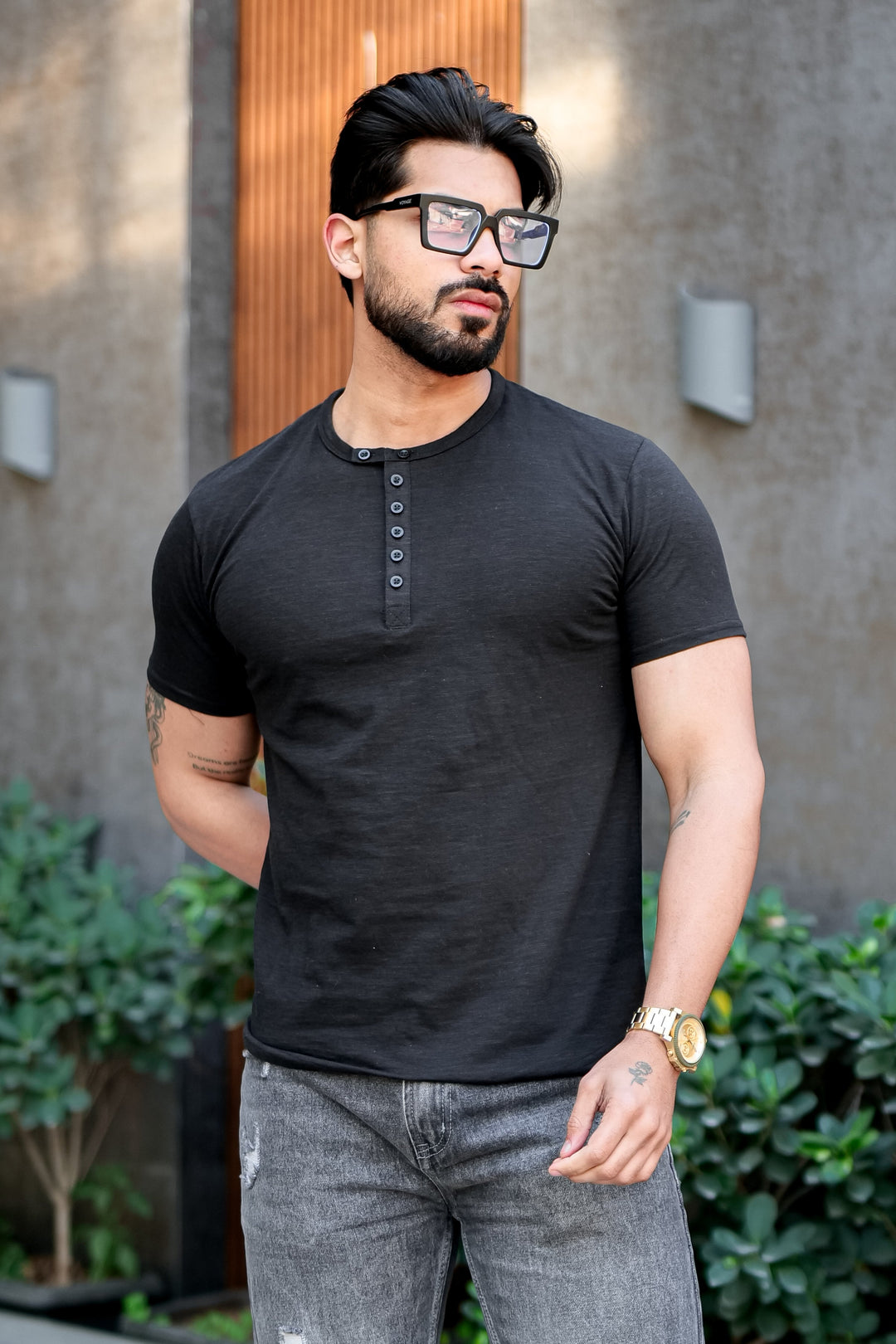 Black Slub Buttoned Henley T-Shirt