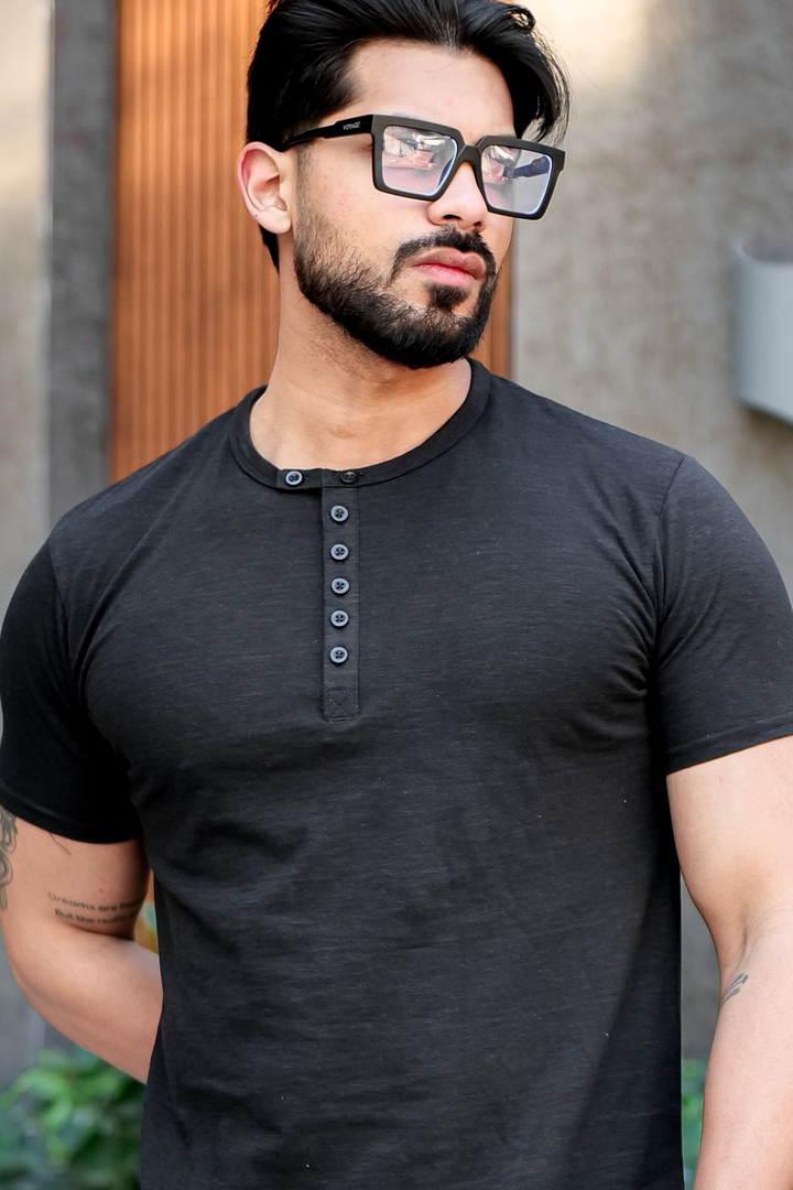 Black Slub Buttoned Henley T-Shirt