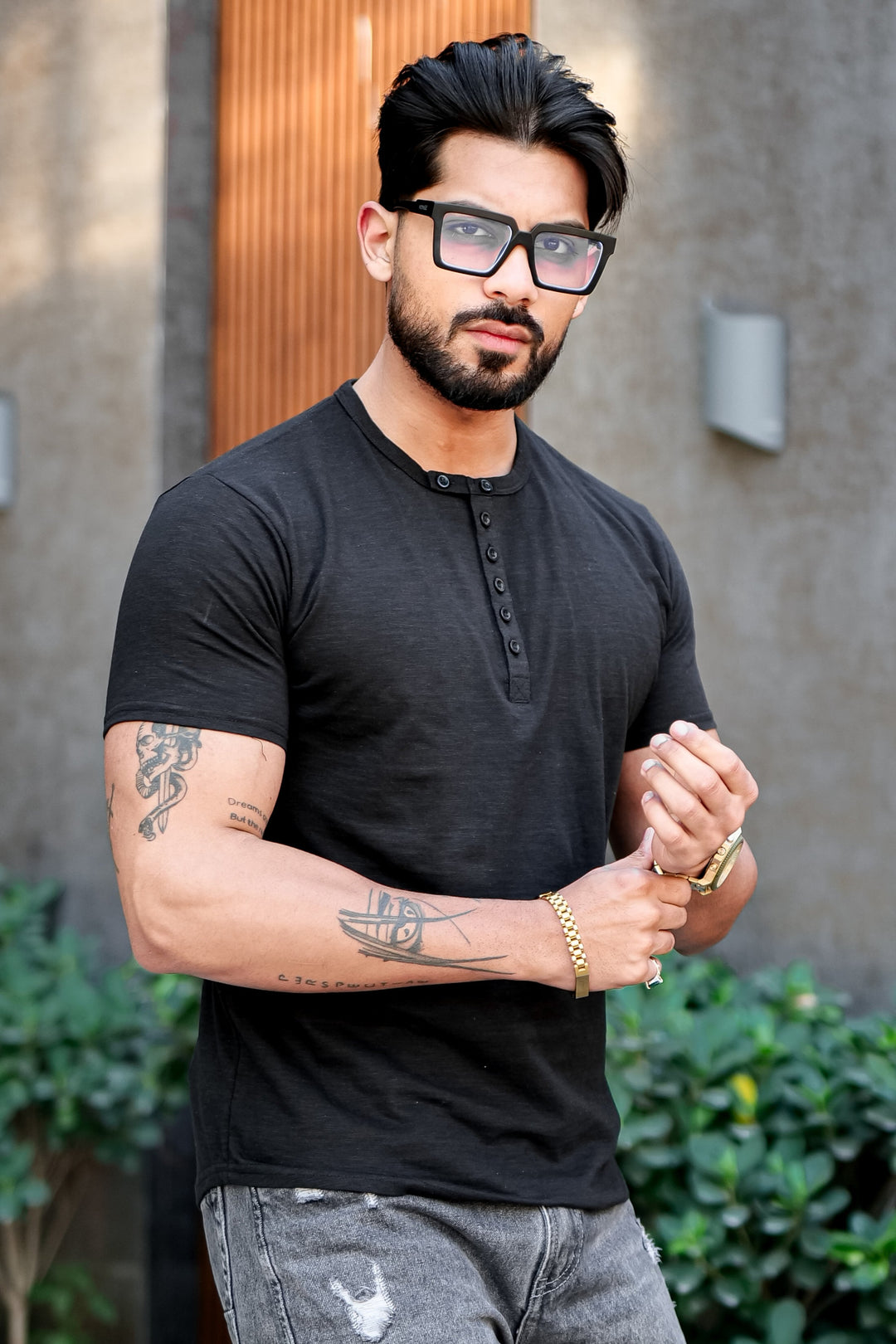Black Slub Buttoned Henley T-Shirt