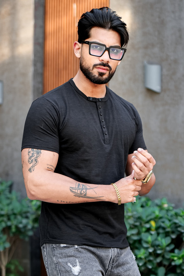 Black Slub Buttoned Henley T-Shirt
