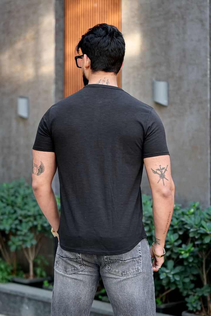 Black Slub Buttoned Henley T-Shirt