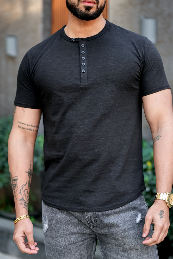 Black Slub Buttoned Henley T-Shirt