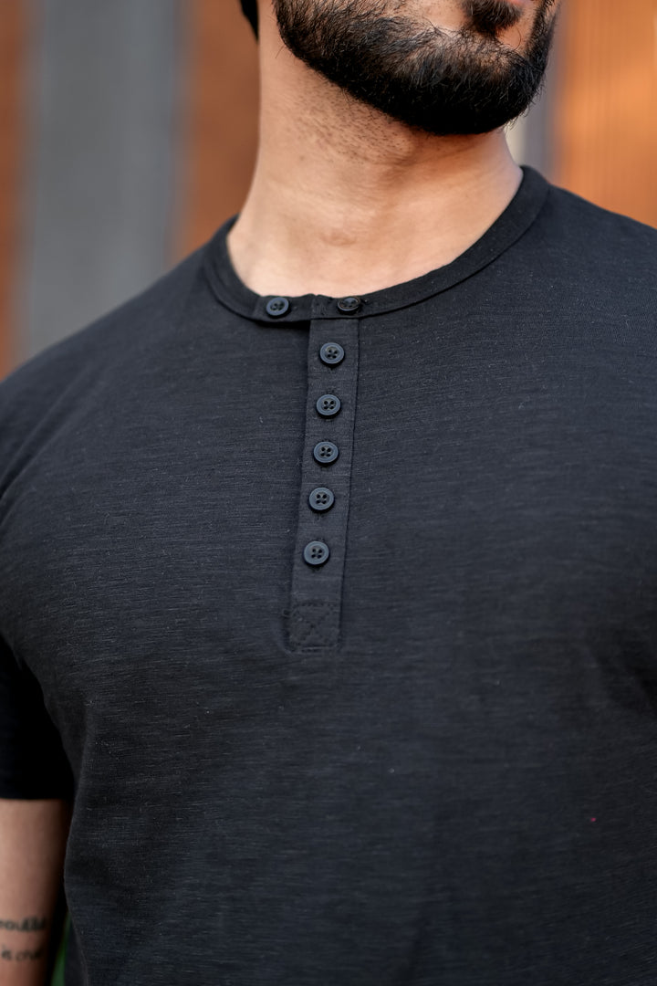Black Slub Buttoned Henley T-Shirt