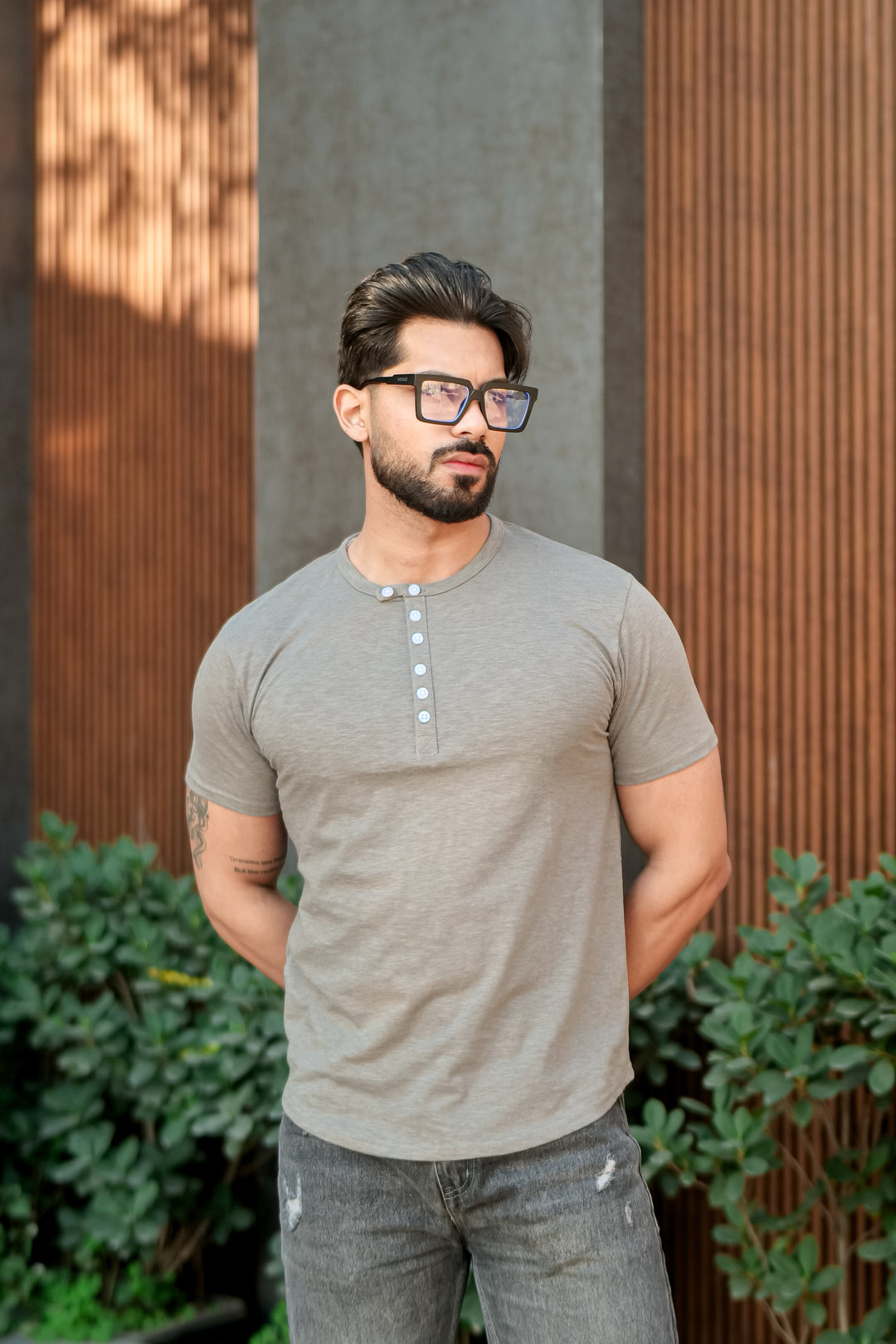 Dark Grey Slub Buttoned Slub Henley T-Shirt