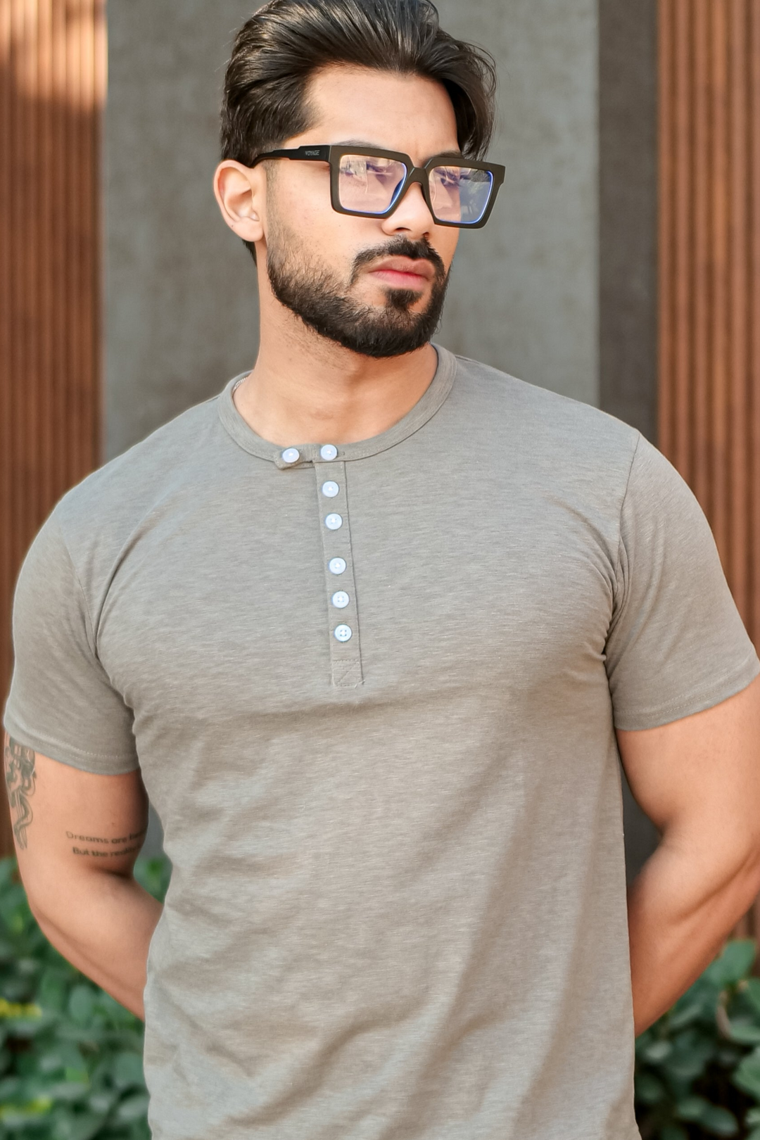 Dark Grey Slub Buttoned Slub Henley T-Shirt