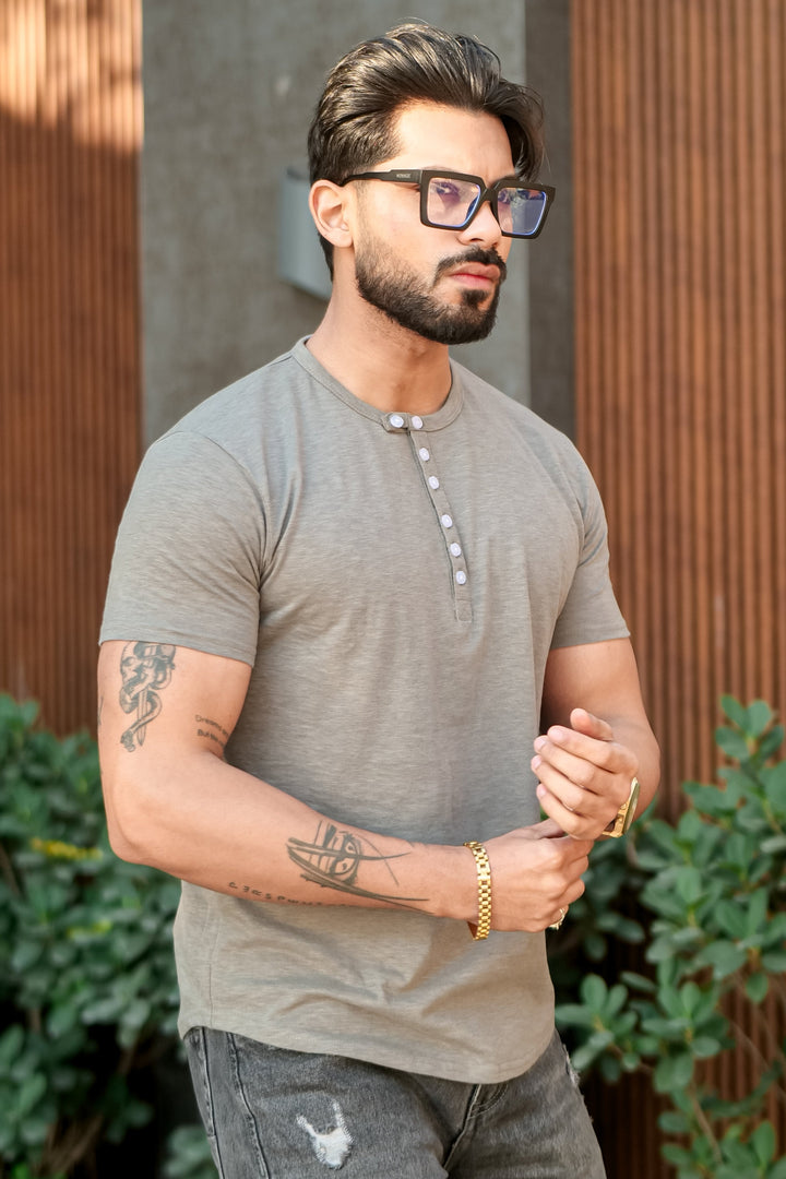 Dark Grey Slub Buttoned Slub Henley T-Shirt