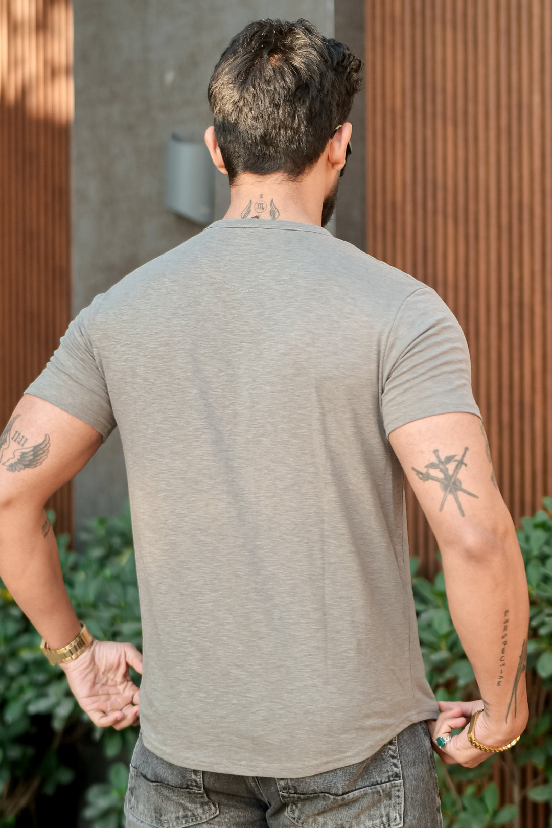 Dark Grey Slub Buttoned Slub Henley T-Shirt