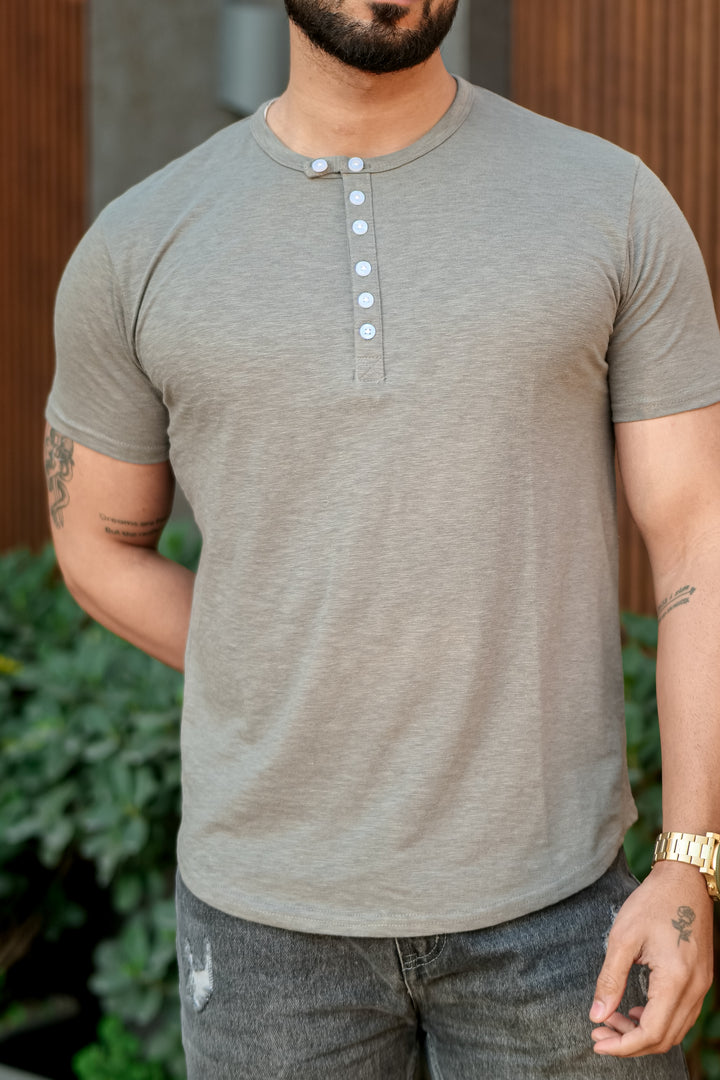 Dark Grey Slub Buttoned Slub Henley T-Shirt