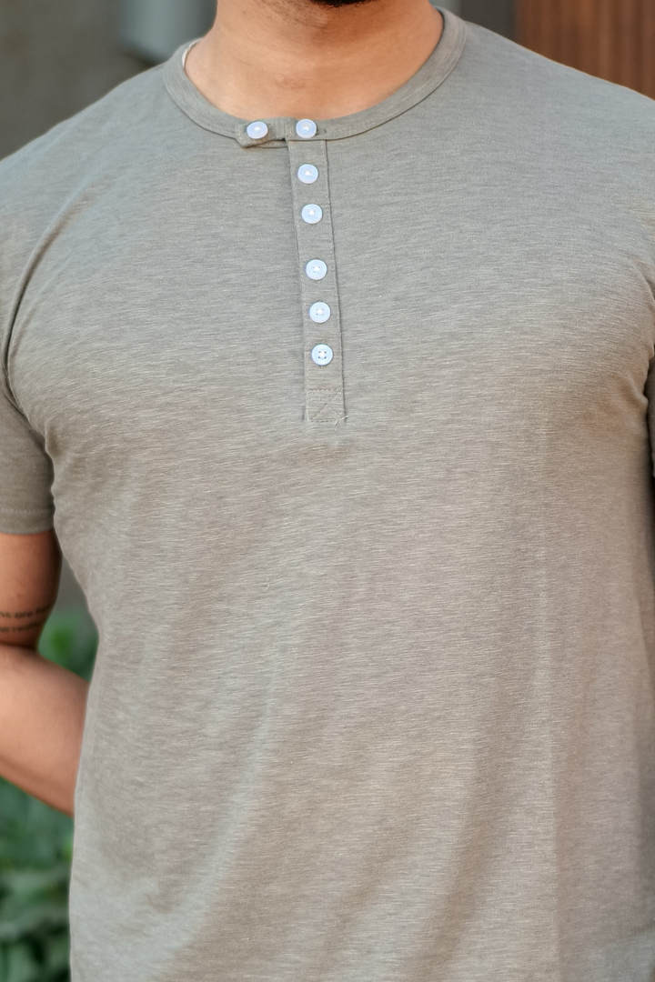 Dark Grey Slub Buttoned Slub Henley T-Shirt