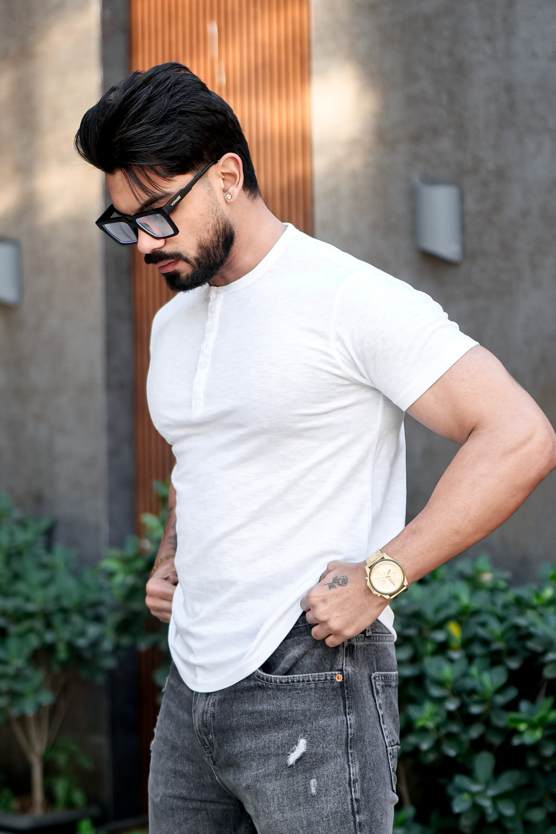 White Slub Buttoned Henley T-Shirt